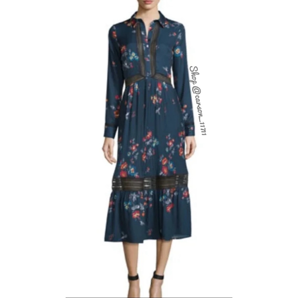 Self Portrait Blossom Print Chiffon Crepe de Chine Tiered Midi Dress US2